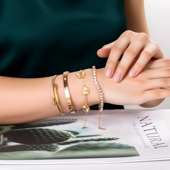 18K Gold Plated Womens Floral Clover Stackable Bracelets Set with Cubic Zirconia - Picture 4 of 6